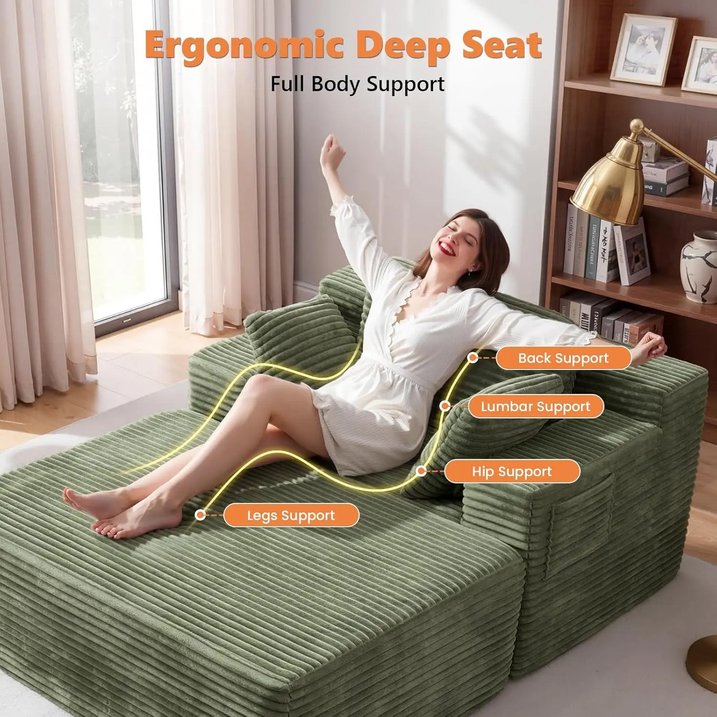 Boneless Chaise Lounge, 75" Oversized Chase Lounger Chair with Ottoman&Side Pockets, Corduroy Deep Seat Couch for, Customized