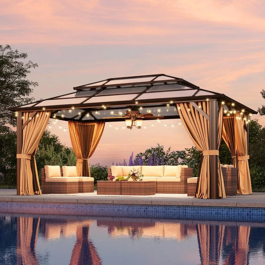 12'x16' Hardtop Gazebo, Aluminum Frame Permanent Pavilion with Netting and Curtains, Outdoor Polycarbonate Double Roof
