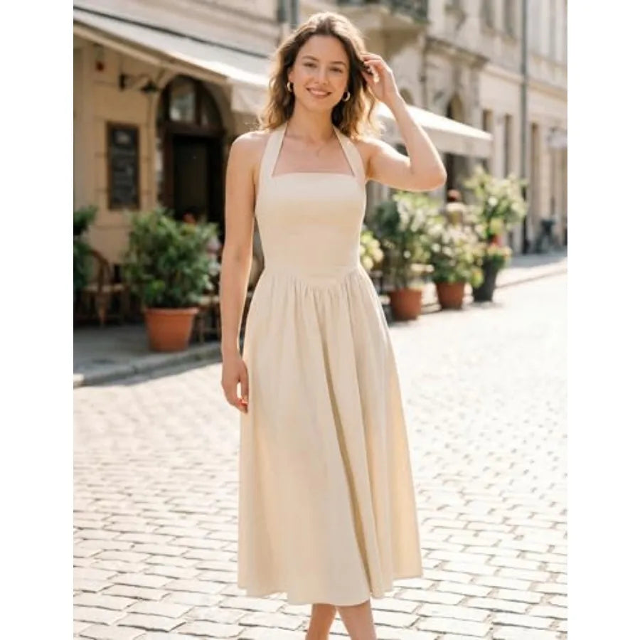 ZESICA Women's Summer Sleeveless Halter Midi Dress 2026 Off Shoulder High Waist Flowy Formal Wedding Guest Long Dresses