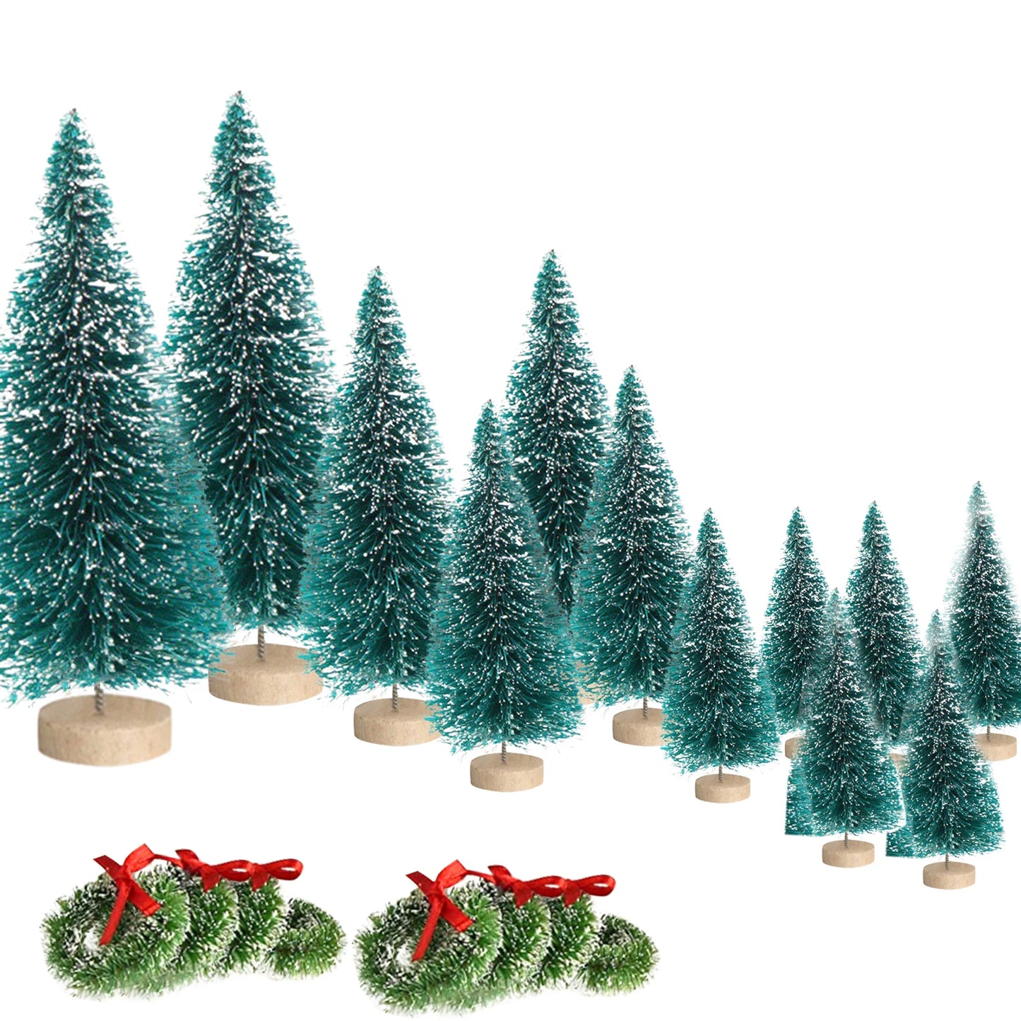 12PCS Artificial Mini Christmas Trees with 8PCS Small Christmas Wreaths, Bottle Brush Trees with Wood Base, Artificial Frosted