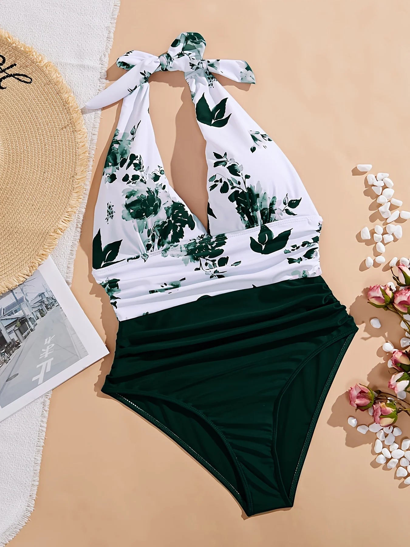 Women's sexy three-dimensional deep-V one-piece swimming suit with floral print and a necktie style - perfect for a beach vacati