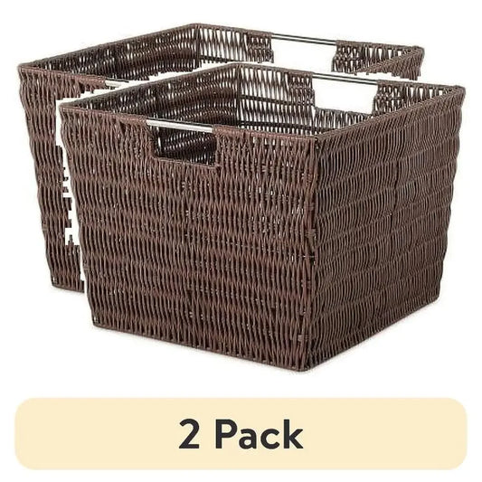 Storage Tote Basket Set of 2 Portable Rattique Woven Plastic Organizer Metal Handles Bath Beauty Toys  Compatible