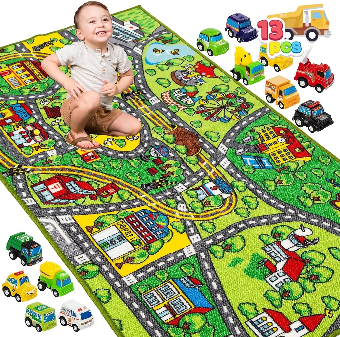 JOYFY Carpet Playmat w/ 12 Cars Pull-Back Vehicle Set for Kids Age 3+ Jumbo Play Room Rug City Pretend Play Multiple Color