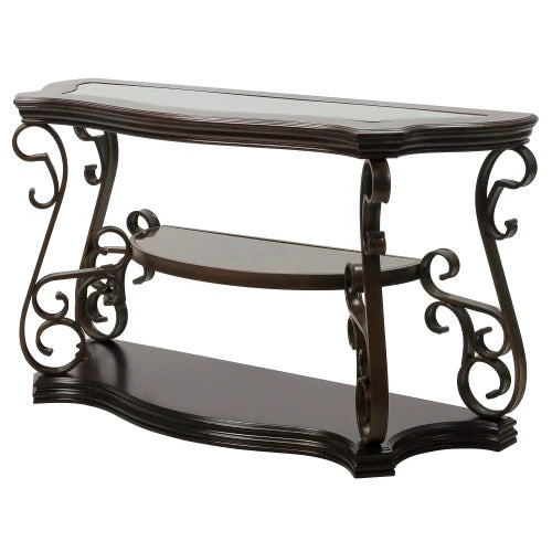 Traditional Glass Top Sofa Table With Marble Look Shelf And Metal Legs