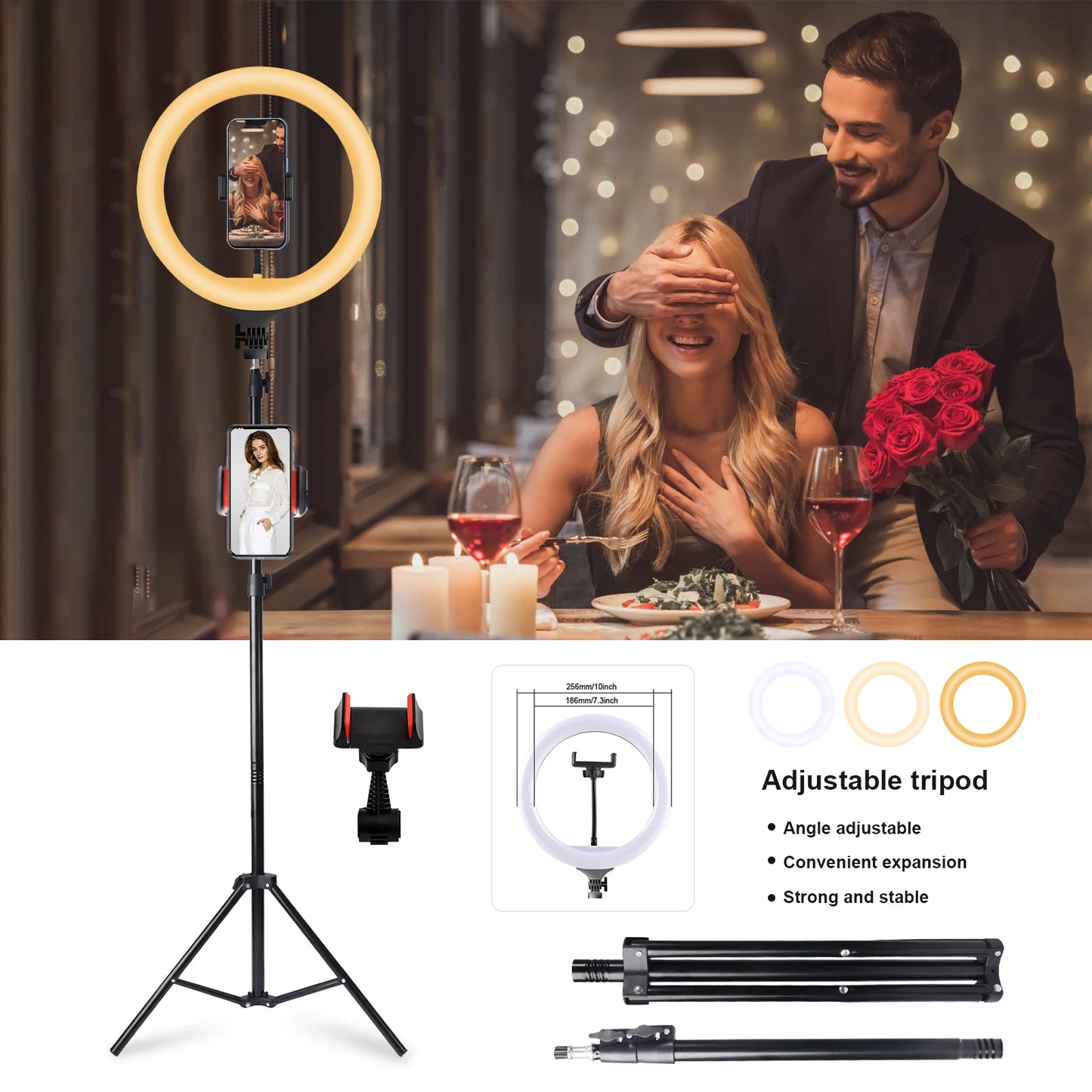 10" Ring Light with Handle & 160cm Tripod Stand - 3 Color LED Modes, Wired Control, 360° Adjustable Phone Holder