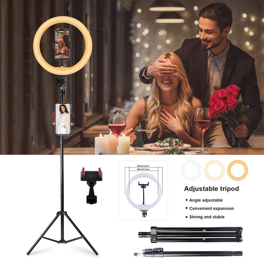 10" Ring Light with Handle & 160cm Tripod Stand - 3 Color LED Modes, Wired Control, 360° Adjustable Phone Holder