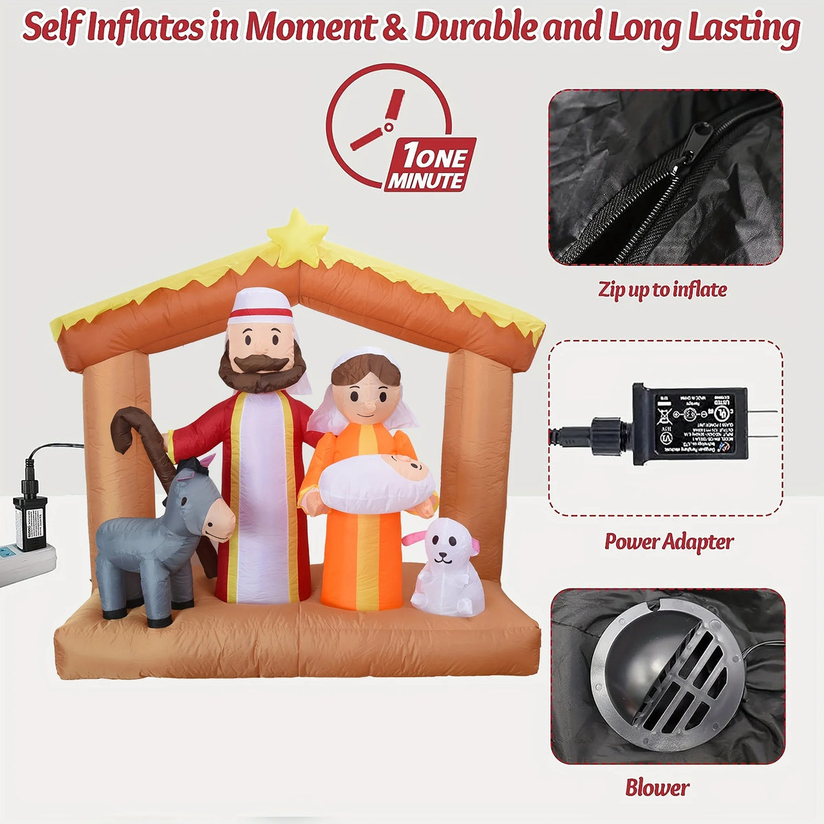 6FT LED Light Up Nativity Scene Inflatable Christmas Decoration with Holy Family Donkey and Sheep Blow Up Outdoor Toy Yard Decor for Garden Lawn Porch Church Xmas Holiday Party Home Ornament Gift
