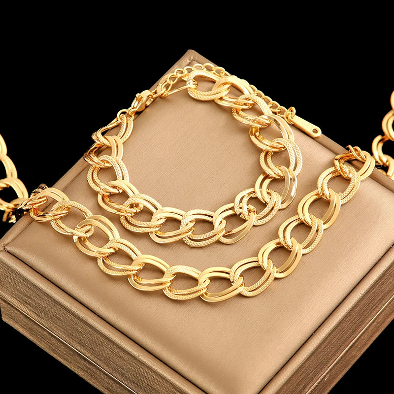EILIECK 316L Stainless Steel 18K Gold Plated Double Link Chain Necklace Bracelet Set Charm Fashion Women Waterproof Jewelry Gift