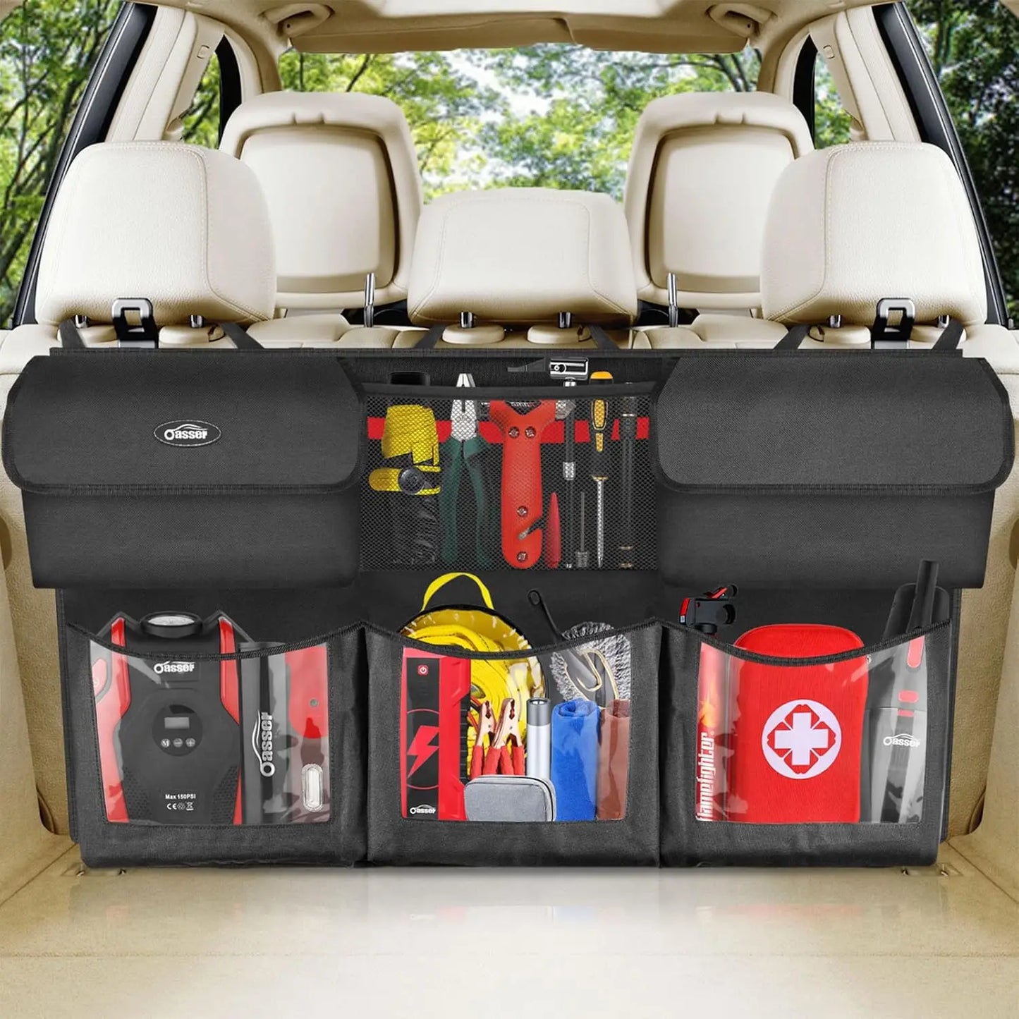 Foldable Car Trunk Organizer with 6 Pockets and Adjustable Straps, 40x19inch Cargo Storage for Back Seat