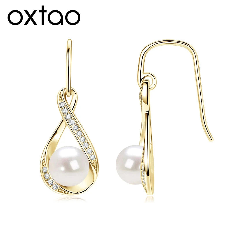 OXTAO Infinity D Moissanite Dangle Hook Earrings for Women 8mm Natural Freshwater Pearl Earrings Wedding Jewelry Gift 14K Gold Filled