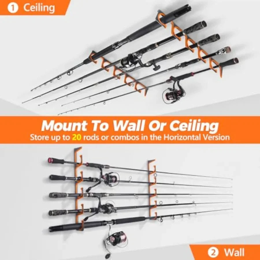 H5 Horizontal Fishing Rod Holders for Garage Use, Aviation Aluminum, Black, Wall/Ceiling Mounted, Holds 5/10/20 Rods or Combos,