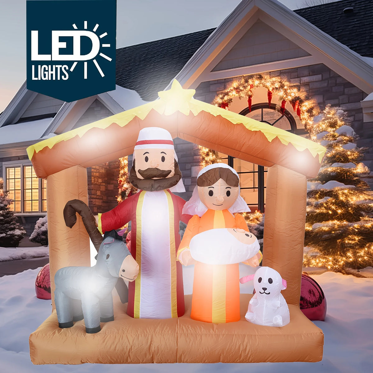 6FT LED Light Up Nativity Scene Inflatable Christmas Decoration with Holy Family Donkey and Sheep Blow Up Outdoor Toy Yard Decor for Garden Lawn Porch Church Xmas Holiday Party Home Ornament Gift