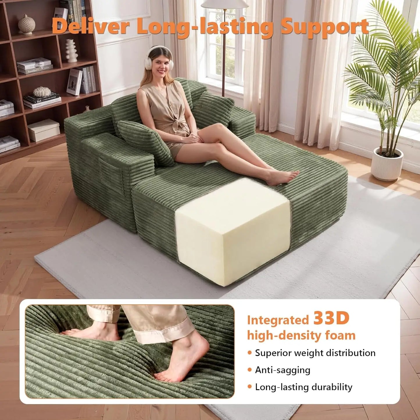 Boneless Chaise Lounge, 75" Oversized Chase Lounger Chair with Ottoman&Side Pockets, Corduroy Deep Seat Couch for, Customized