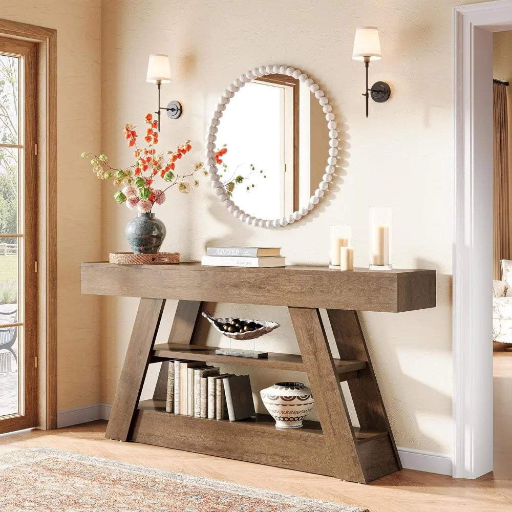 63-Inch Rustic Wooden Console Table with Storage for Entryway and Living Room Sofa Area