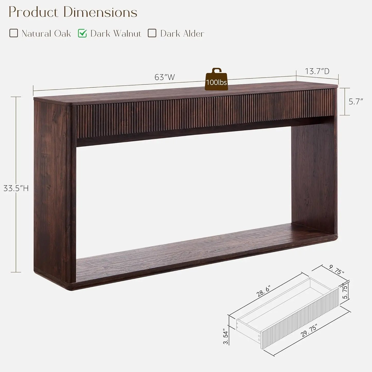 63" Fluted Console Table with 2 Large Drawers Long Entryway Sofa Table for Living Room Hallway Foyer Dark Walnut, Customized