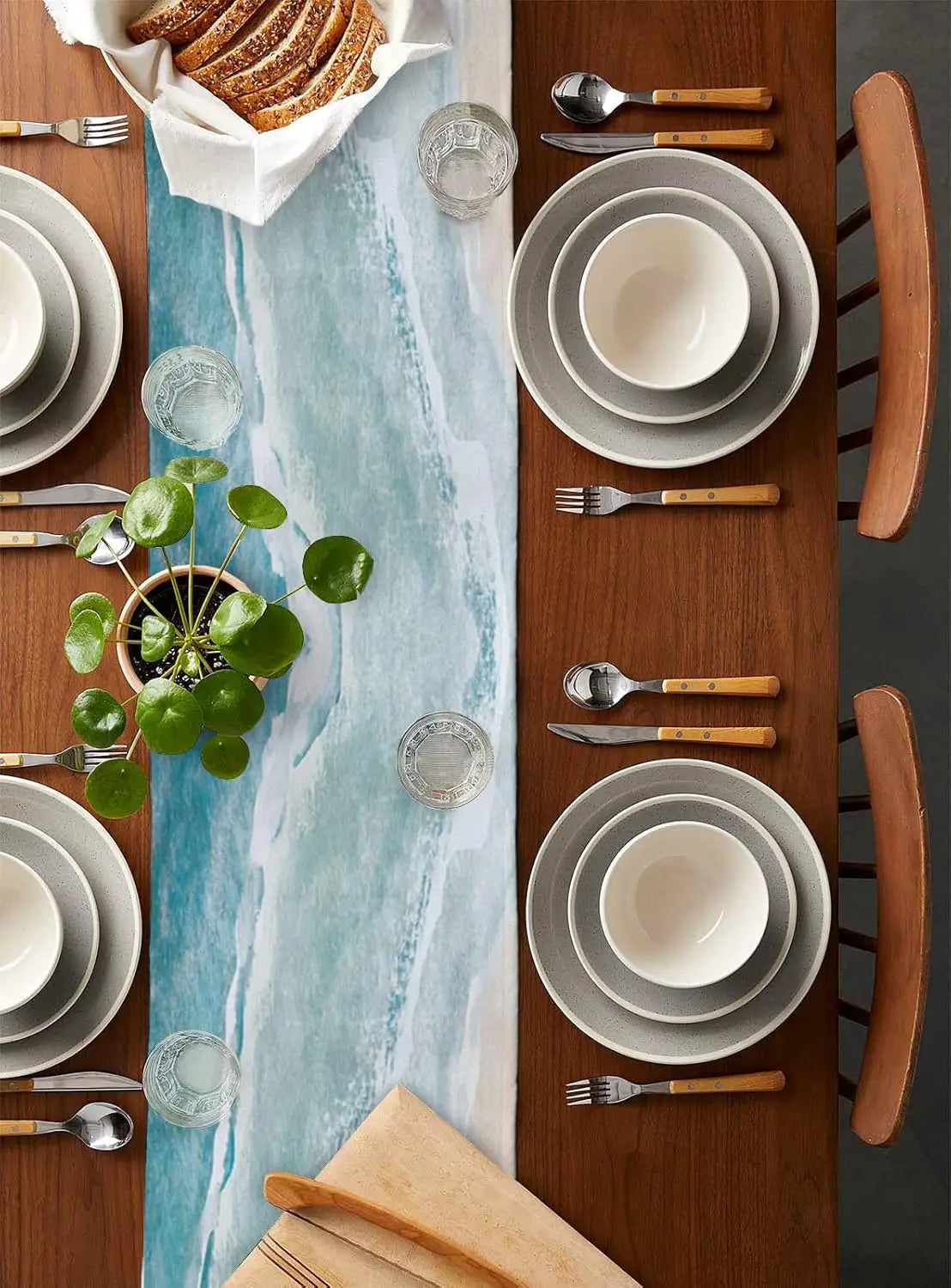 Coastal Beach Blue Linen Table Runner Dresser Scarf Table Decor Summer Kitchen Dining Table Runner Ocean Sea Waves Party Decor