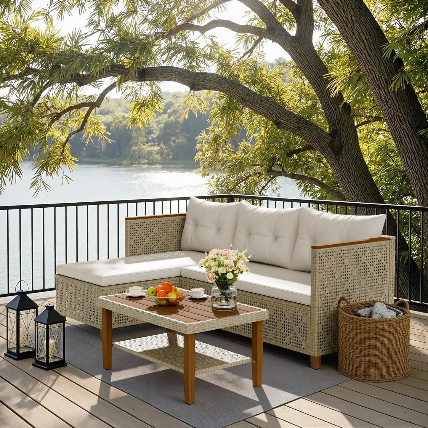 3 Piece Outdoor Sectional Sofa Set Hollow Rattan Patio Seating with Coffee Table & Ottoman for Deck Porch Poolside, Customized