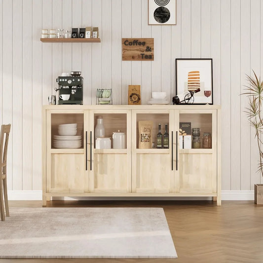 Sideboard Buffet Cabinet with 4 Glass Doors, 55" Large Buffet Cabinet with Storage, Modern Farmhouse Storage Cabinet