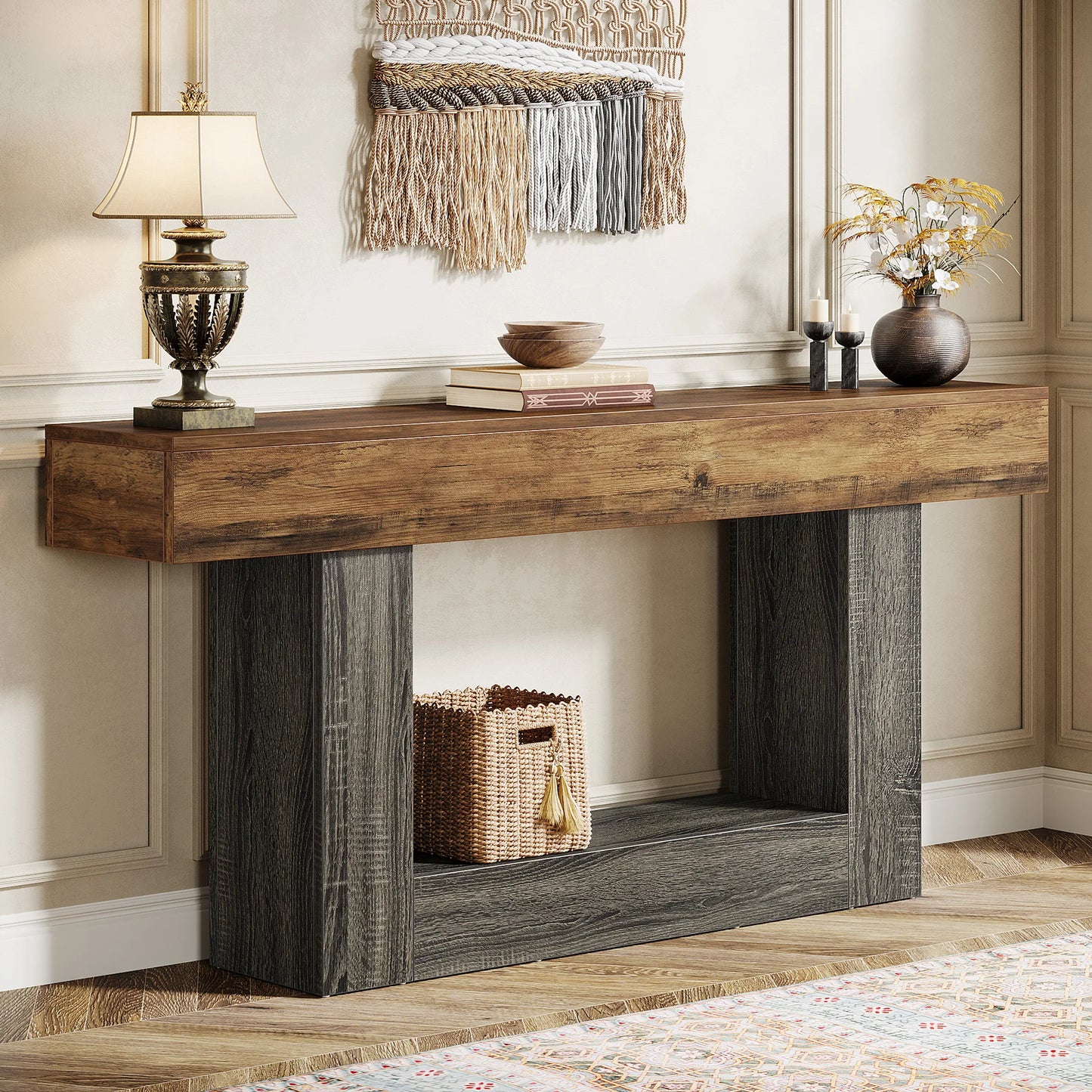 LITTLE TREE 63" Console Table, Farmhouse 2-Tier Entryway Table with U-Shaped Base,Narrow Long Wood Sofa Table Behind Couch Table