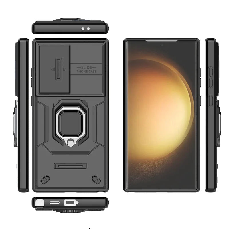 Slide Camera Armor Case For Samsung Galaxy S25 Ultra S24 FE S23 Plus A54 A55 M56 A26 A36 A56 5G Lens Protect Magnetic Ring Cover