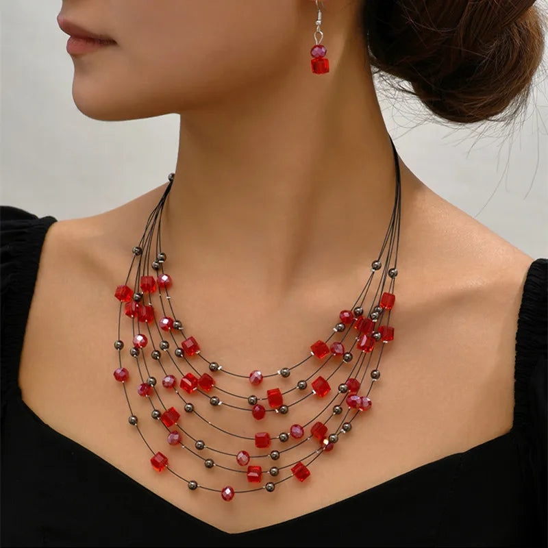 Bohemia Necklace Earrings Set For Women Square Crystal Beads Jewelry Sets Multilayer Choker Necklace Women Jewelry Set