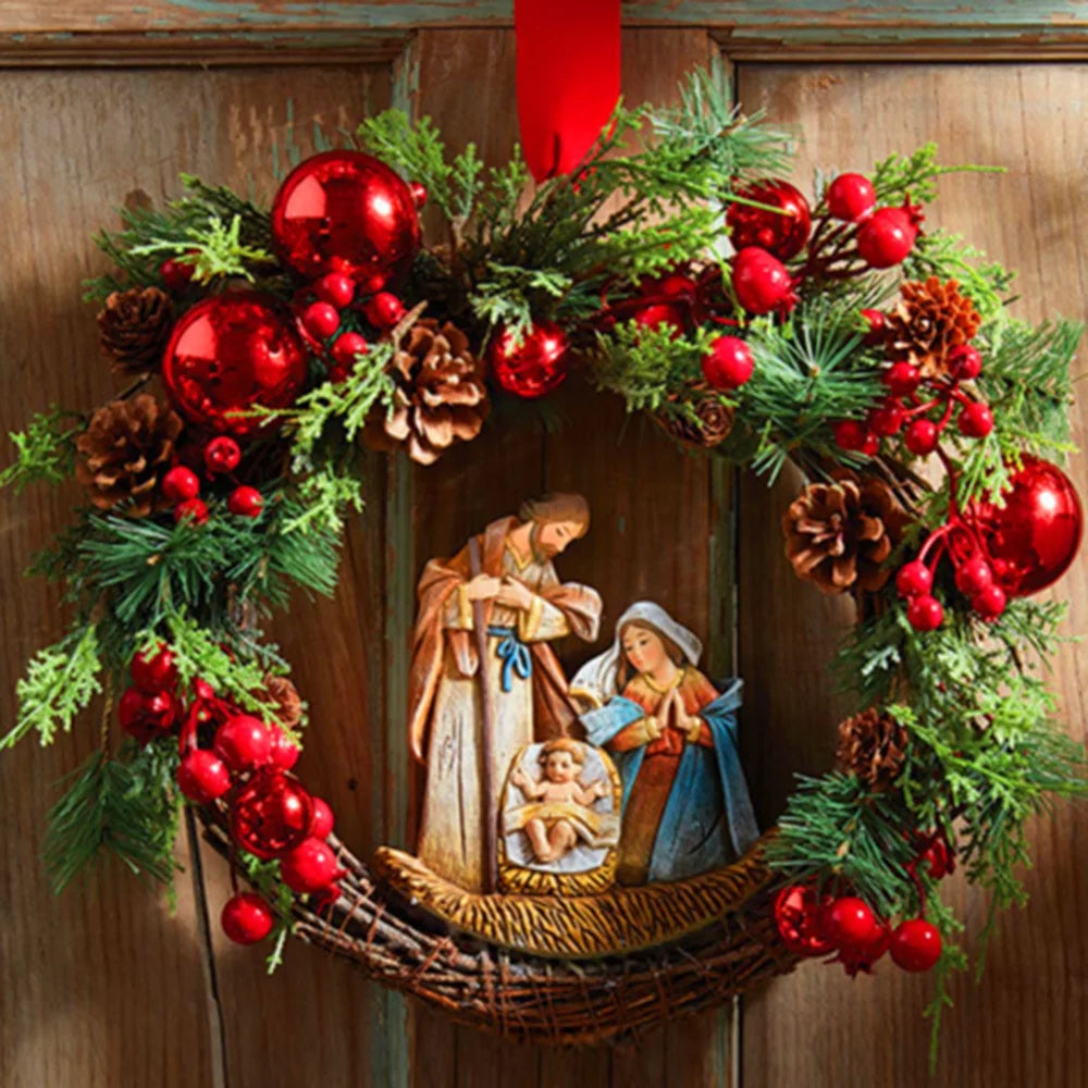 40cm Sacred Christmas Wreath with Lights Artificial Hanging Ornaments Front Door Wall Decorations Merry Christmas Tree Wreath