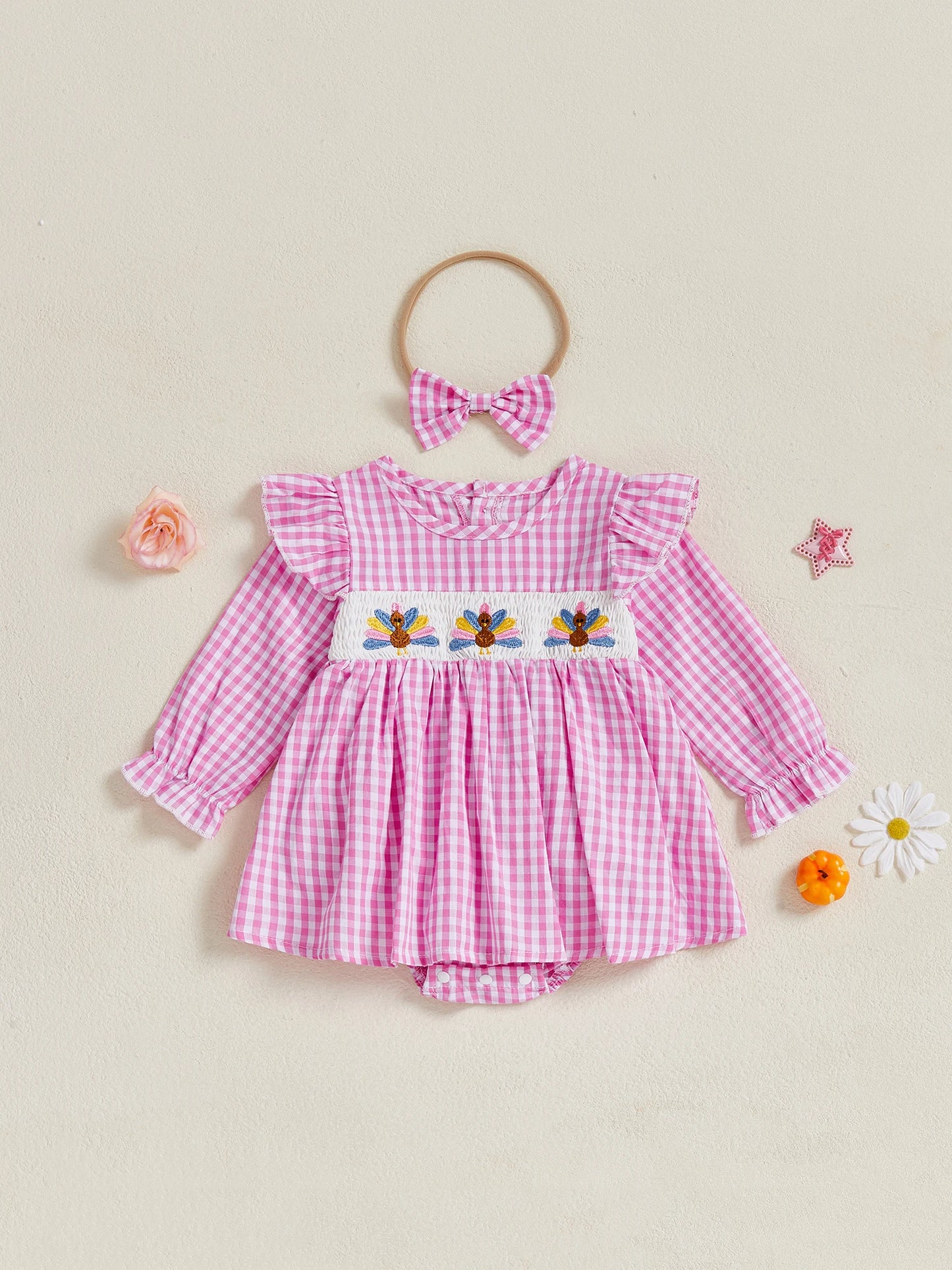Thanksgiving Baby Girl Outfit Plaid Turkey Embroidered Romper Dress with Long Sleeve and Bow Headband Set - 2 Piece Holiday