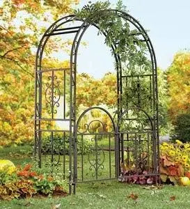 Arch Metal Outdoor Garden Arbor Double Gate，Montebello，7 Feet Tall，Gunmetal Black，Trellis Lattice Climbing Plants