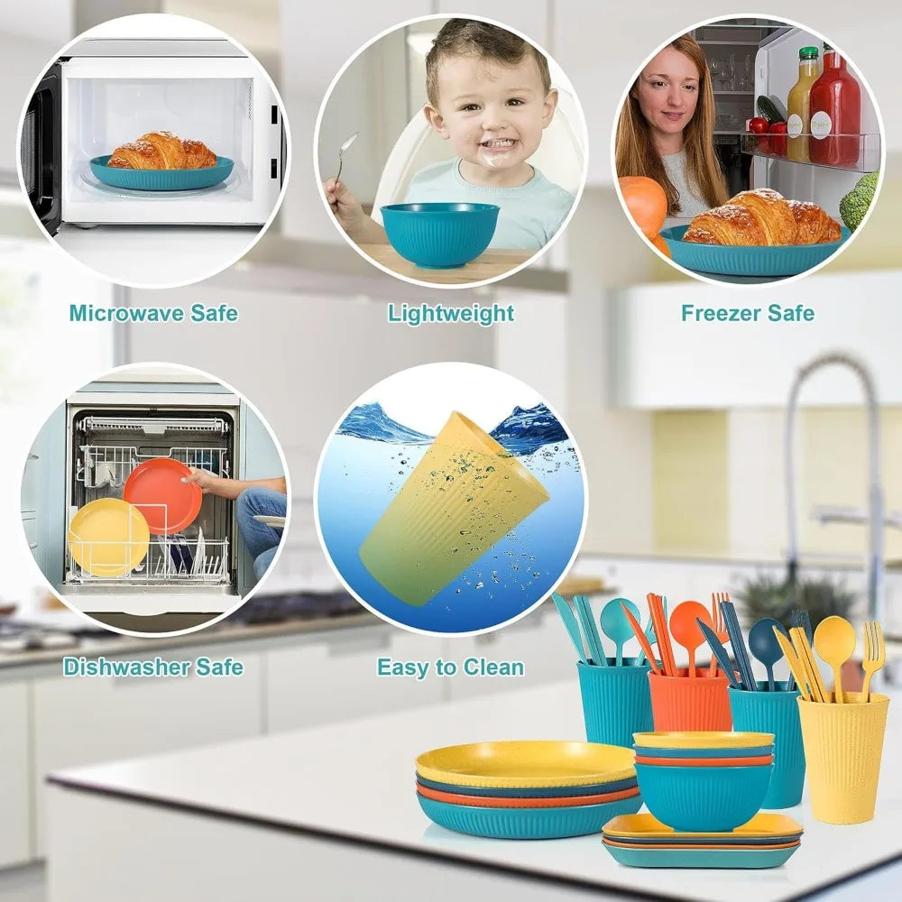 36 Piece Wheat Straw Dinnerware Set Reusable Plates Bowls Cups Utensils Microwave Dishwasher Safe for Kitchen Camping