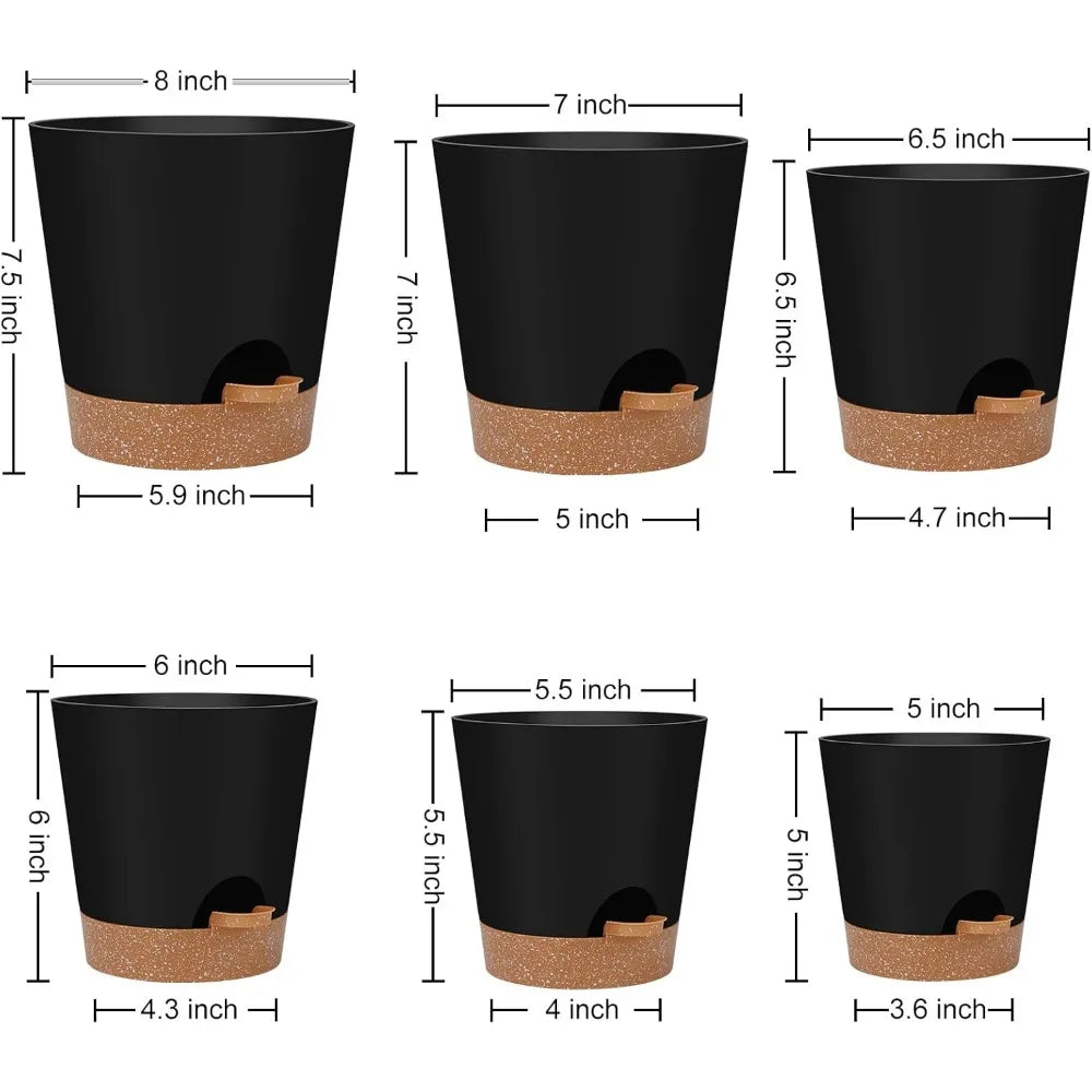Indoor Self Watering Planters with Drainage Holes and Saucers 8 7 6.5 6 5.5 5 Inches Black 6 Pots