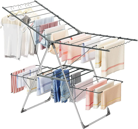 Clothes Drying Rack Foldable 2-Level Large Laundry Drying Rack Collapsible Stainless Steel Drying Rack Clothing for Indoor Outdo