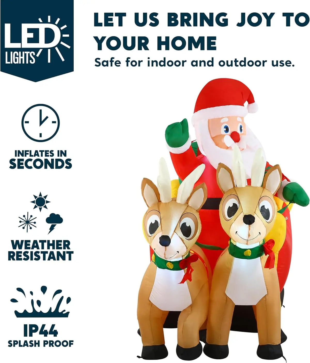 6 Foot Christmas Inflatable Santa Sleigh With Two Reindeer LED Lawn Decoration
