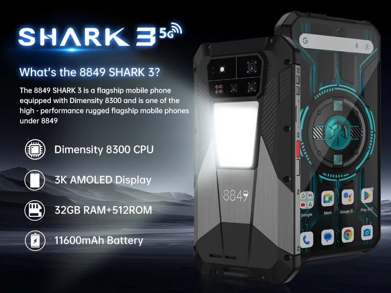 8849 SHARK 3 Unihertz Rugged Smartphone Dimensity 8300 Android 14 32GB 512GB  3K AMOLED Screen 11600mAh Night Camera 5G Phone
