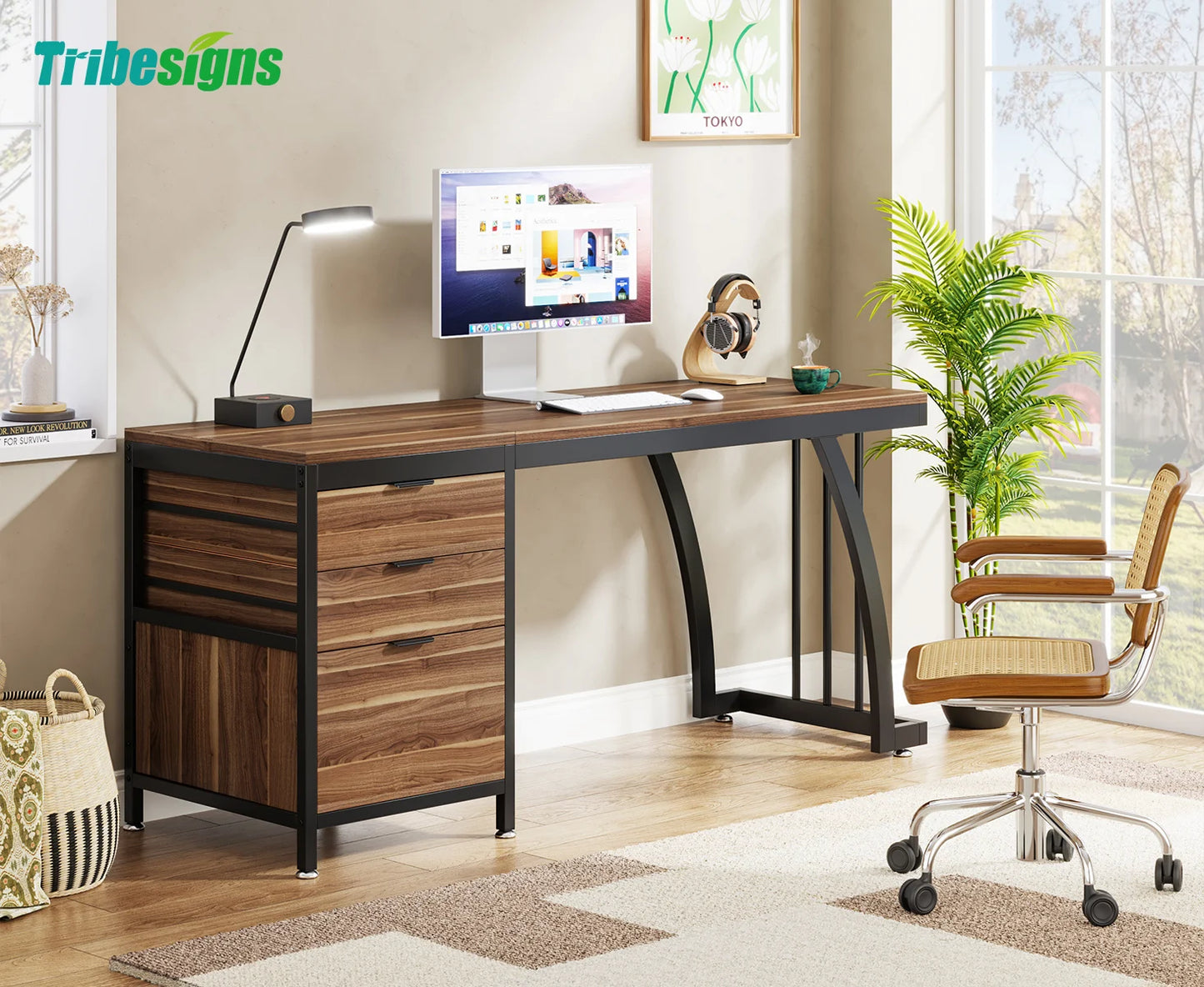 Tribesigns Computer Desk with 3 Drawers, 59-Inch PC Desk with Reversible Drawers, Industrial Study Writing Table Workstation