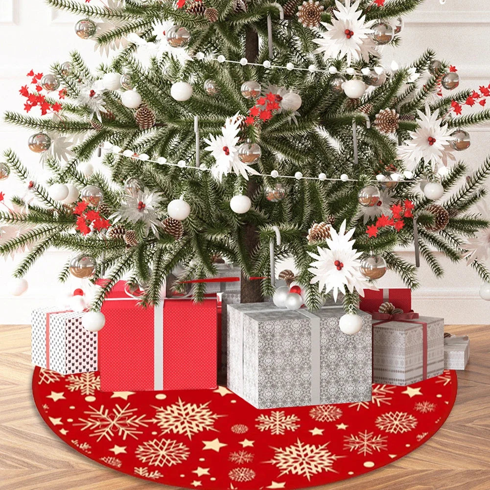 35.4inch Xmas Tree Bottom Decor Mat Snowflake Pattern Red Xmas Tree Mat Printed Christmas Tree Decoration Home Party Supplies