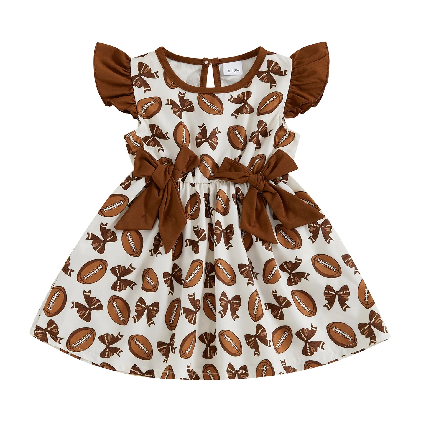 Girls Summer A-line Dress with Flutter Sleeves and Round Neckline featuring Rugby Print Design and Bow Embellishment