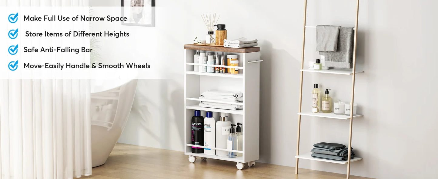 Tribesigns Slim Storage Cart with Handle, 4-Tier Rolling Narrow Kitchen Cart on Wheels for Small Place, Bathroom, Laundry