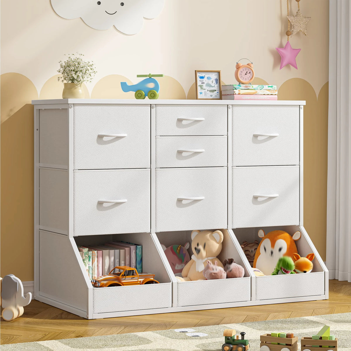EnHomee 10-Storage Fabric Dresser – 7 Drawers & 3 Open Compartments, Wood Top & Metal Frame – 39.3"W x 17.7"D x 31.5"H – For Bedroom, Entryway, Hallway
