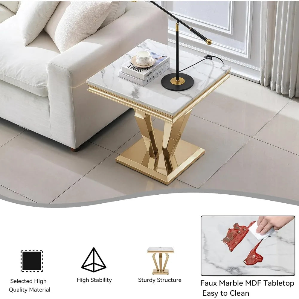 Square End Table, 22.8" Modern White Faux Marble Side Table with Golden Mirrored Finish
