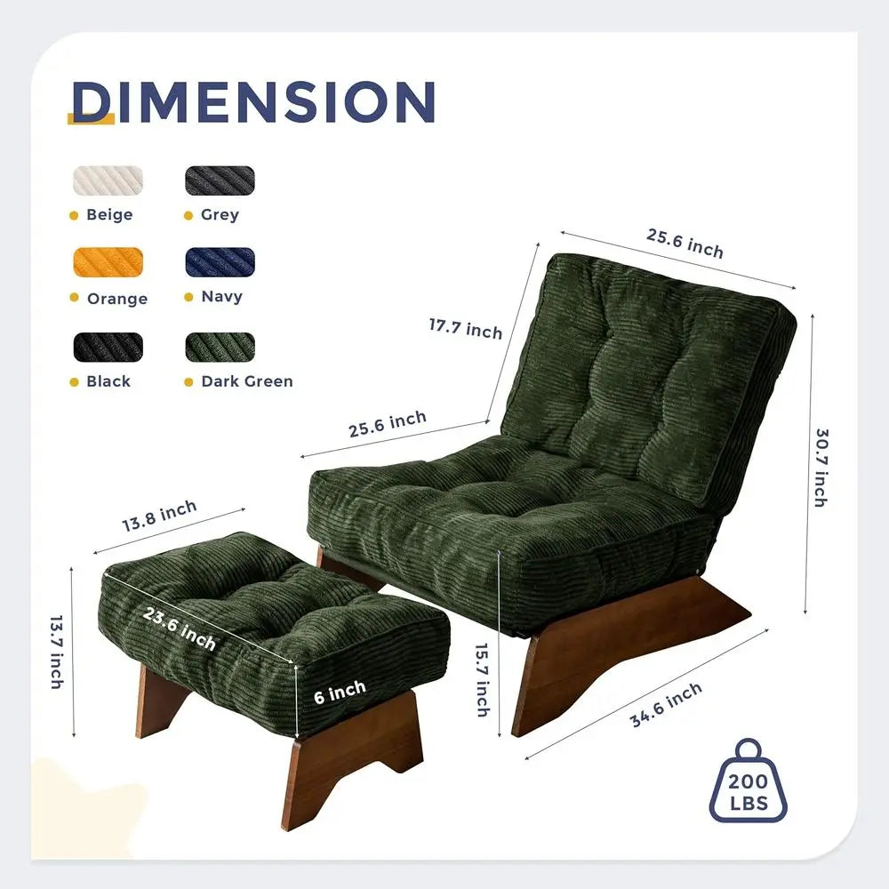 Green Upholstered Reclining Chair with Ottoman for Living Room and Reading, Adjustable Backrest Lounge Chair Set