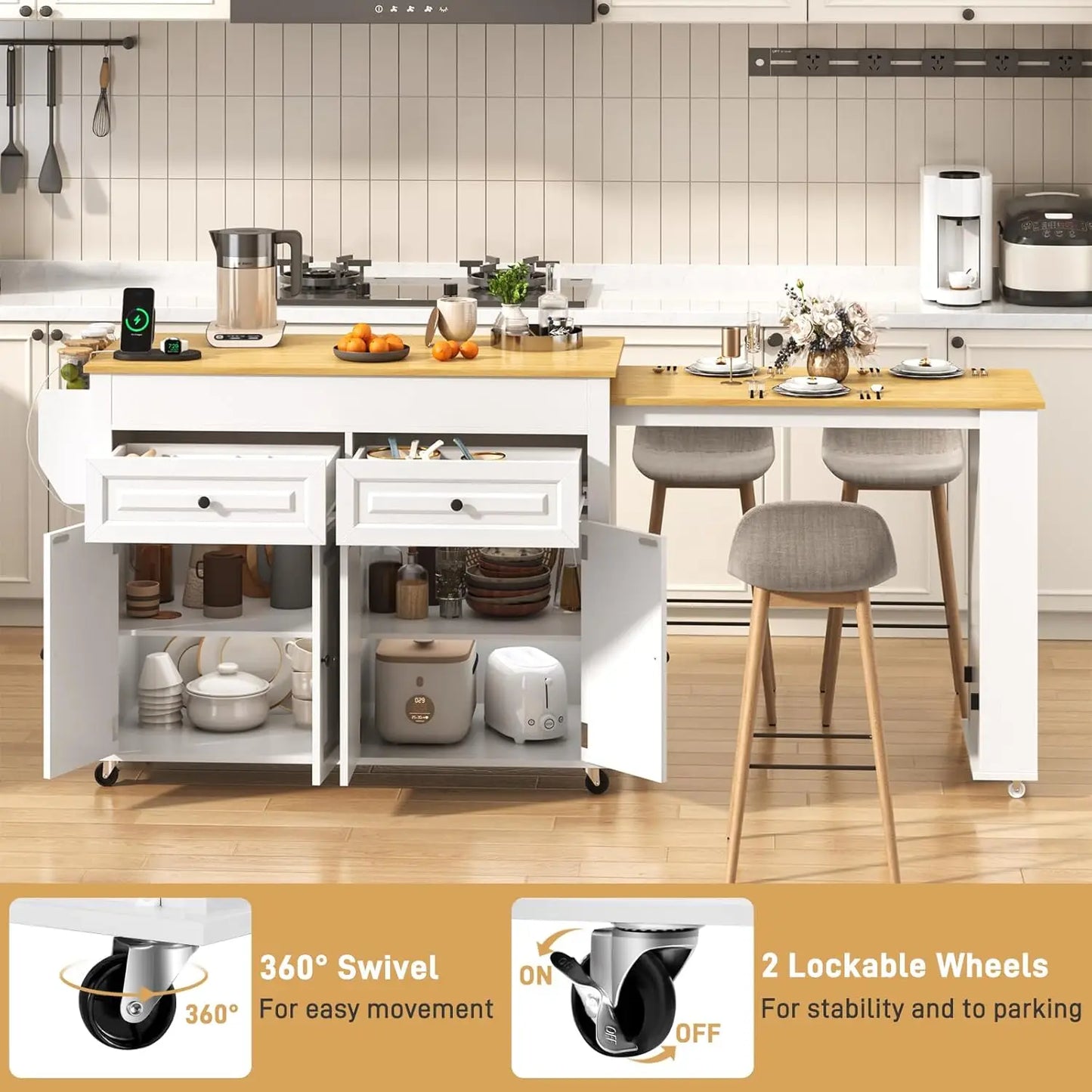 80"-48" Extendable Kitchen Island with Extended Dining Table and Power Outlet,Large Mobile Kitchen Storage Islands with, Custom