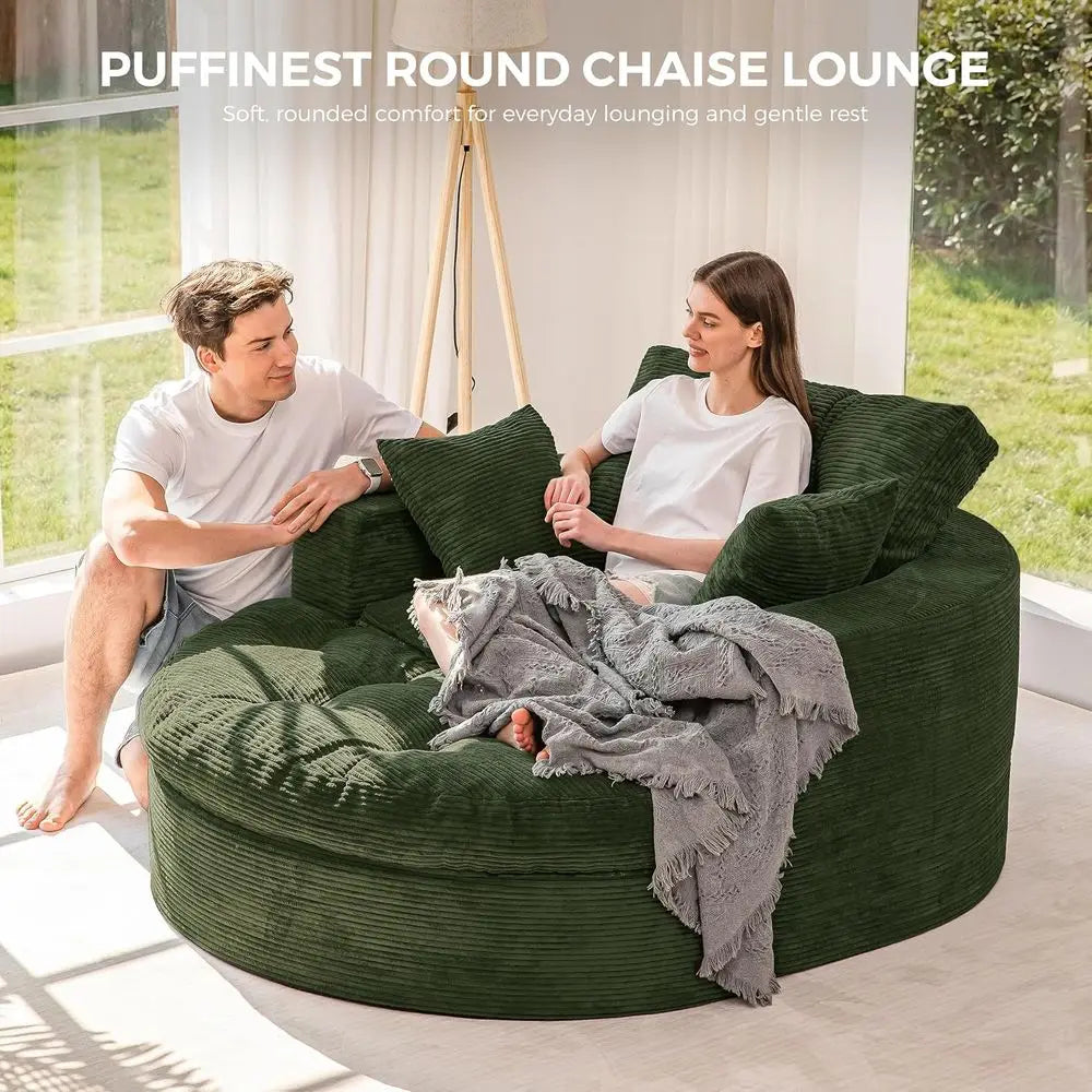 Large Round Upholstered Chaise Lounge Sofa with 3 Pillows, Ottoman, Deep Seating Sleeper Chair for Living Room or Bedroom, No As
