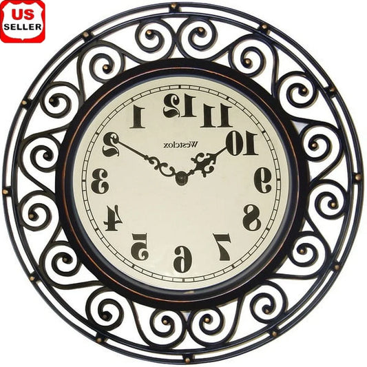Bronze Analog Quartz Wall Clock 12 Inch Round Wrought Iron Decorative Timepiece Large Number Home Decor Gift