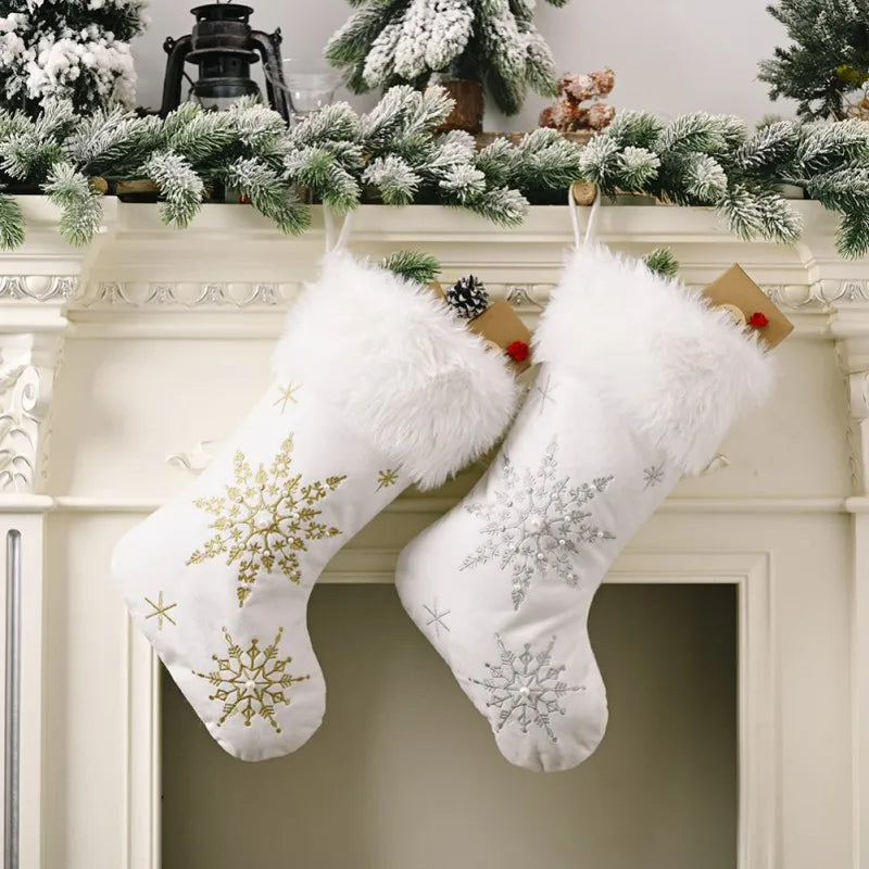 1/2pcs White Plush Stamping Gold Silver Embroidery Snowflake Christmas Stocking Merry Christmas Decor For Home Xmas Gift Socks