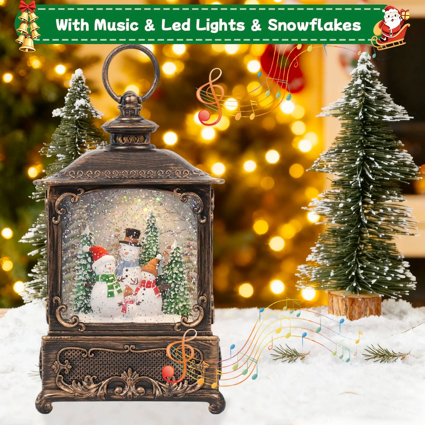 Christmas Music Snow Globe Lantern with LED Lights & Falling Snowflakes, Holiday Melodies and Warm White Glow for Christmas Deco