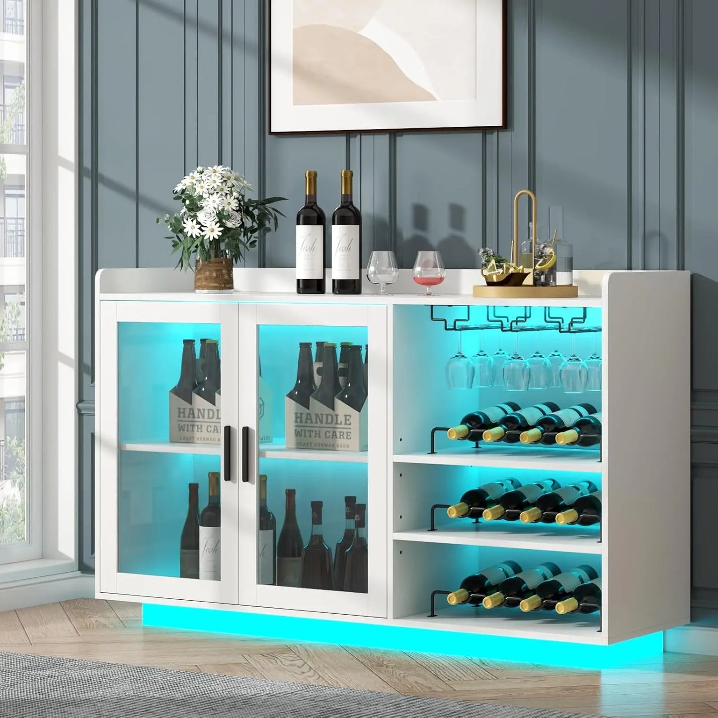 Wine Bar Cabinet with LED Lights, Floating Coffee Bar with Glass Rack and Removable Wine Racks, Modern Buffet Sideboard w