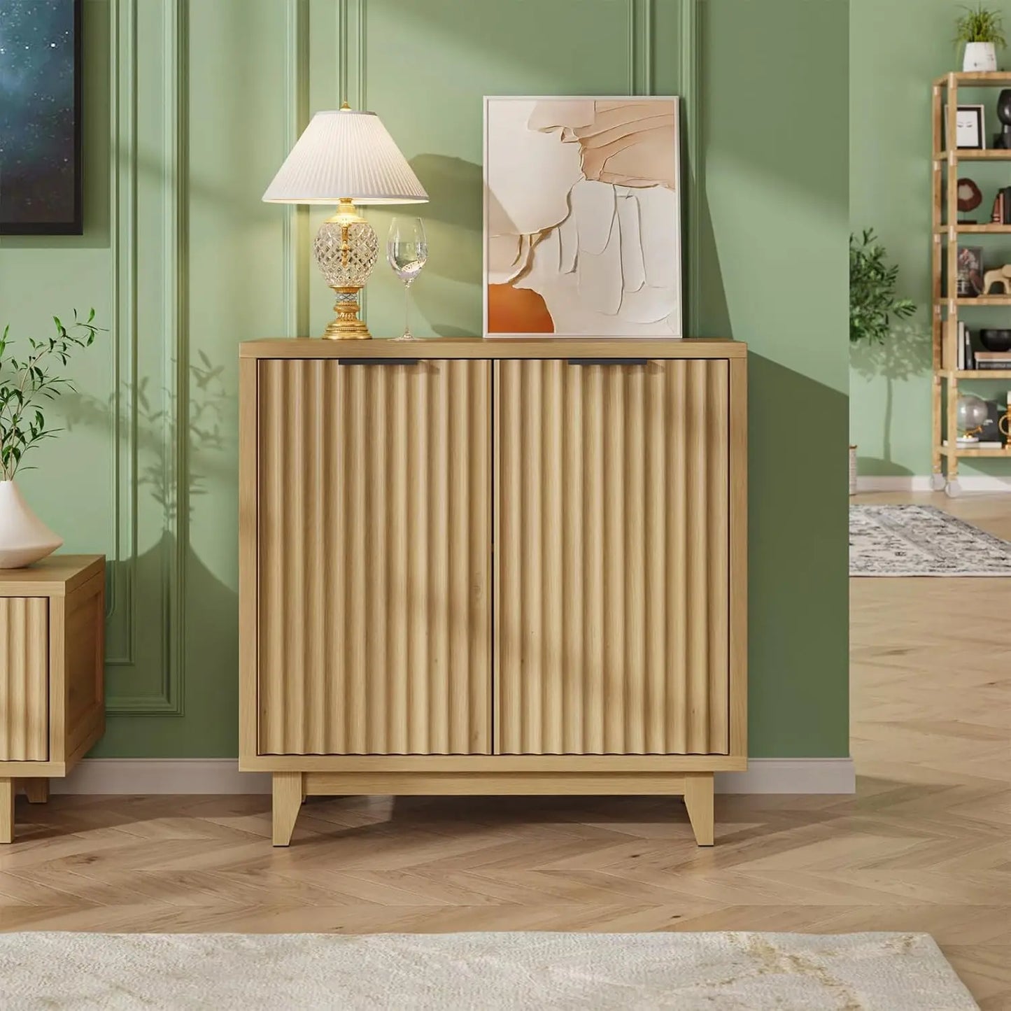 Fluted Cabinet with Storage, 2 Doors Sideboard Buffet, Mid Century Modern Accent Cabinet with Adjustable Shelves, Multifunctiona