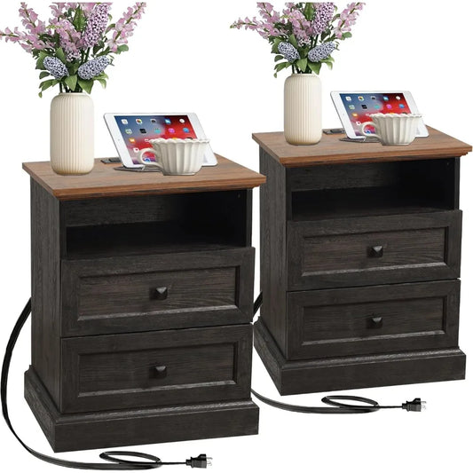 Night Stand Set of 2 with Charging Station, Bedside Table with 2 Drawers Storage and Open Shelf, Wood Farmhouse Nightstands with