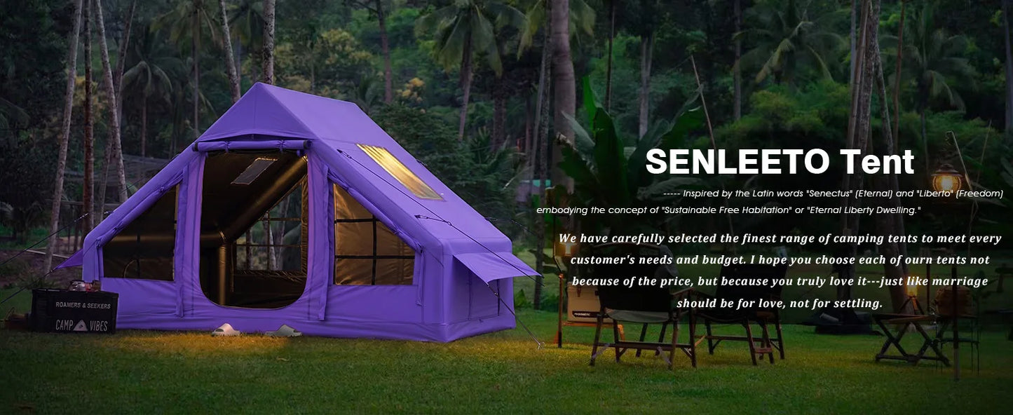 SENLEETO 67.8 SqFt Inflatable Camping Tent for 2-3 Person with Stove Jack,Black Coating Easy Setup Blow Up Tent with Skylight AC Vent Mesh Window