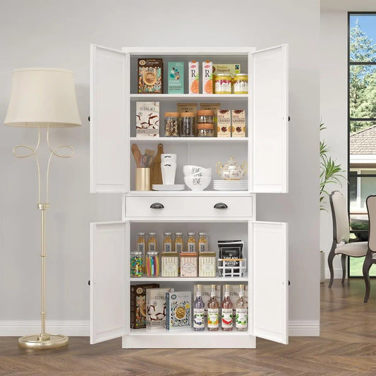 71” Food Pantry Storage Cabinet with Drawer,White Metal Kitchen Cupboard Cabinet with Doors and Adjustable Shelves